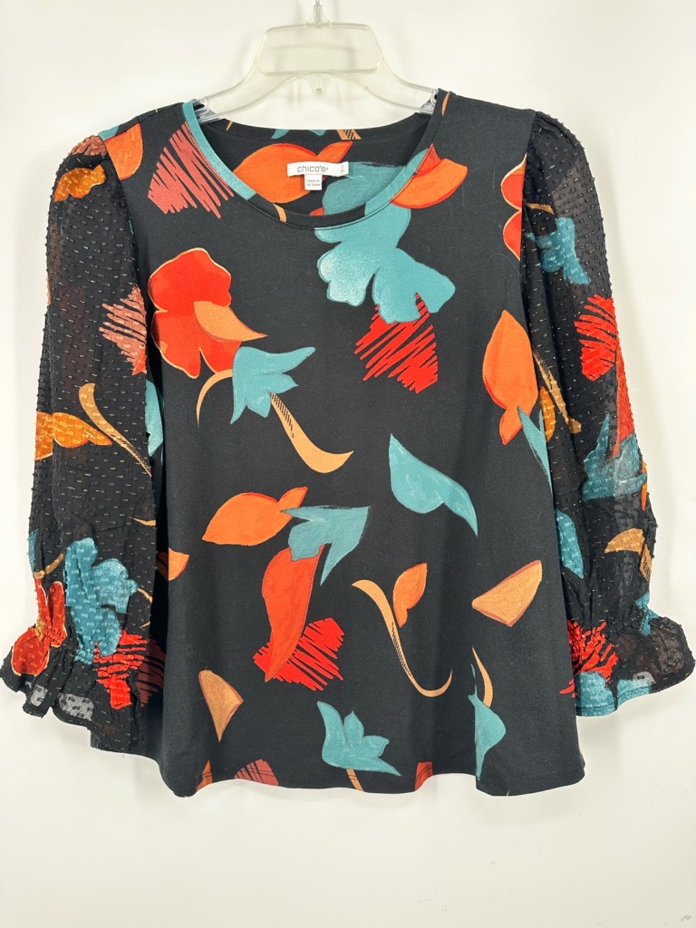 Chico's Black Floral Print Chiffon Puff-Sleeve Top